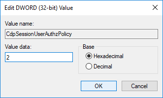 Cambie el valor de CdpSessionUserAuthzPolicy DWORD a 2