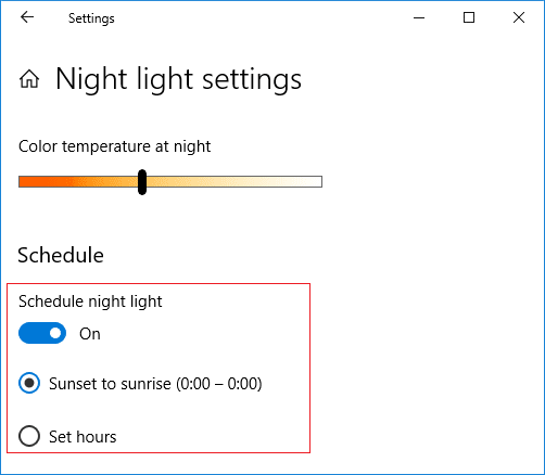 En Programar luz nocturna, encienda el interruptor para habilitar