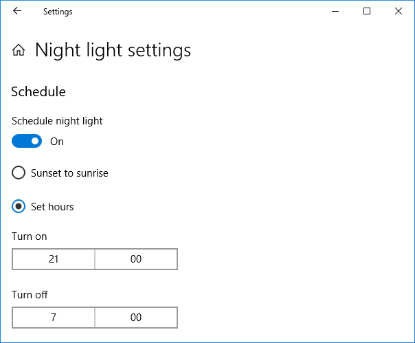 Seleccione Establecer horas y luego configure el tiempo durante el cual desea usar la luz nocturna