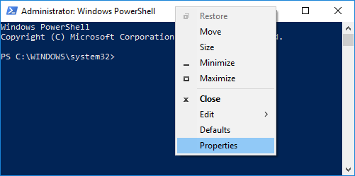 Haga clic con el botón derecho en la barra de título de la ventana de PowerShell y seleccione Propiedades