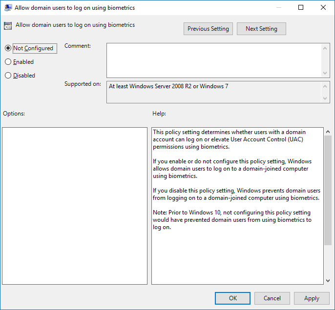 Habilitar o deshabilitar el inicio de sesión de los usuarios de dominio en Windows 10 usando datos biométricos en la política de grupo local