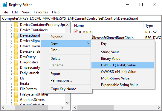 Haga clic derecho en DeviceGuard y luego seleccione Nuevo valor DWORD (32 bits)