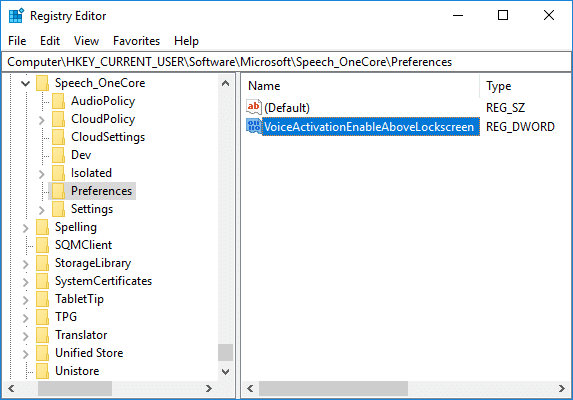 Navegue a Preferencias en el registro y luego haga doble clic en VoiceActivationEnableAboveLockscreen