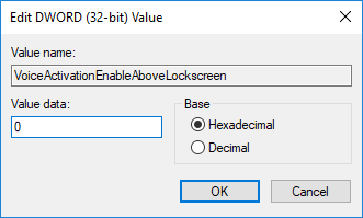 Para deshabilitar Hey Cortana en su pantalla de bloqueo, establezca el valor en 0