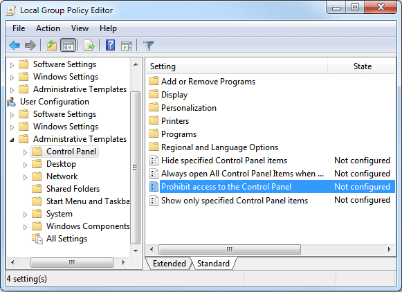 Prohibir el acceso al panel de control y la política de configuración de PC en Gpedit