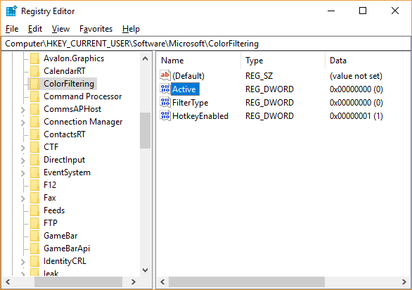 Si el DWORD activo ya está allí, salte al siguiente paso |  Habilitar o deshabilitar filtros de color en Windows 10