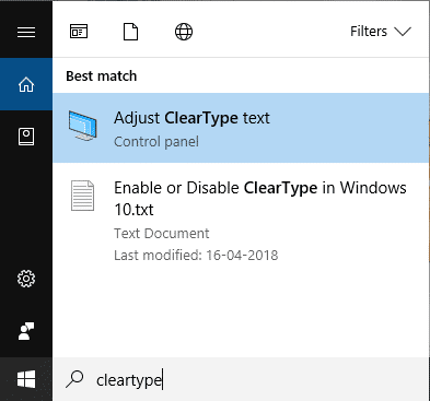 Escriba cleartype en Windows Search y luego haga clic en Ajustar texto ClearType