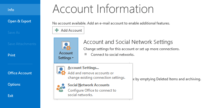 En la sección Información de Outlook, haga clic en Configuración de la cuenta