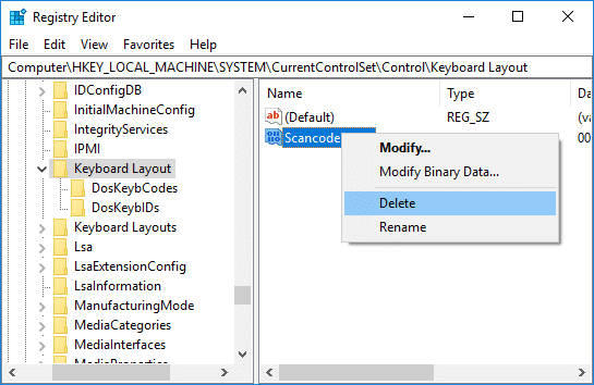 Para habilitar el bloqueo de mayúsculas, simplemente haga clic con el botón derecho en la tecla Scancode Map y seleccione Eliminar