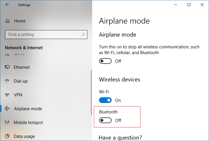 En Modo avión, active o desactive la palanca para Bluetooth