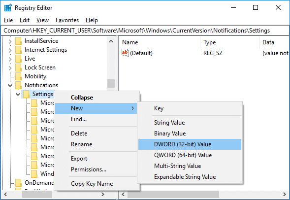 Haga clic derecho en Configuración y luego seleccione Nuevo valor DWORD (32 bits)