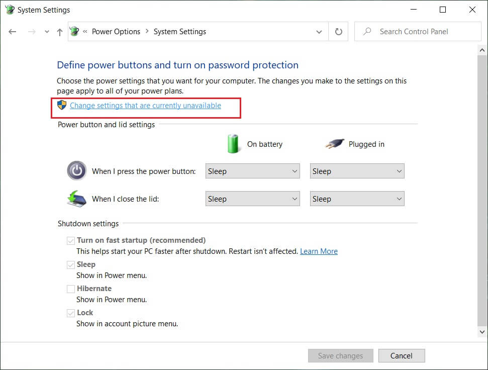 Haga clic en Cambiar la configuración que actualmente no está disponible