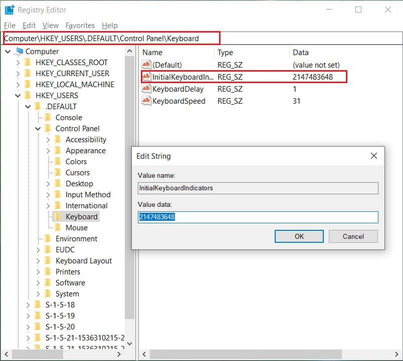 Haga doble clic en la clave InitialKeyboardIndicators y cambie su valor a 2147483648 |  Cómo habilitar el bloqueo numérico al iniciar en Windows 10