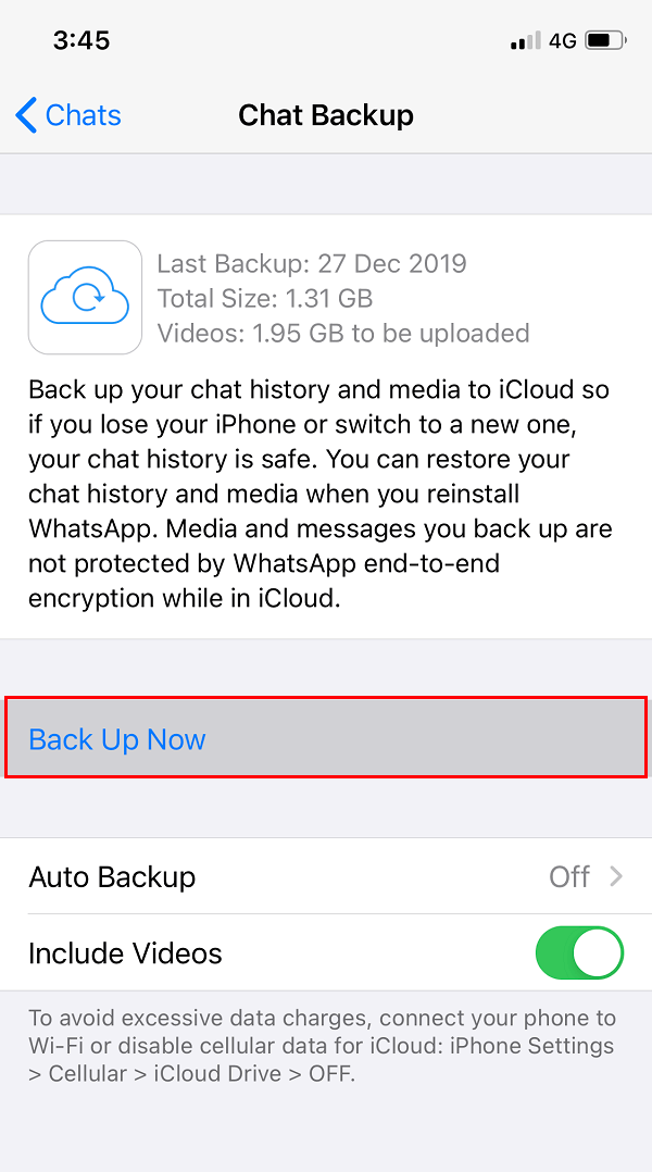 Toque el botón Hacer copia de seguridad ahora en WhatsApp para iPhone