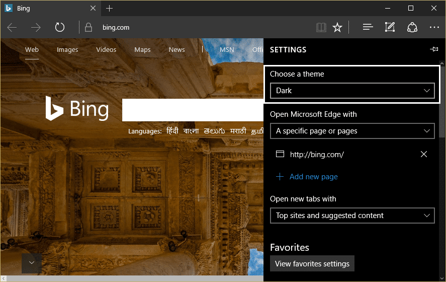 desde la configuración de Microsoft Edge, elija oscuro debajo de elegir un tema