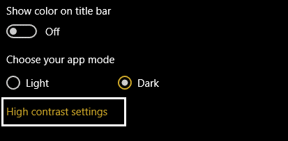 haga clic en Configuración de alto contraste en color en personalización