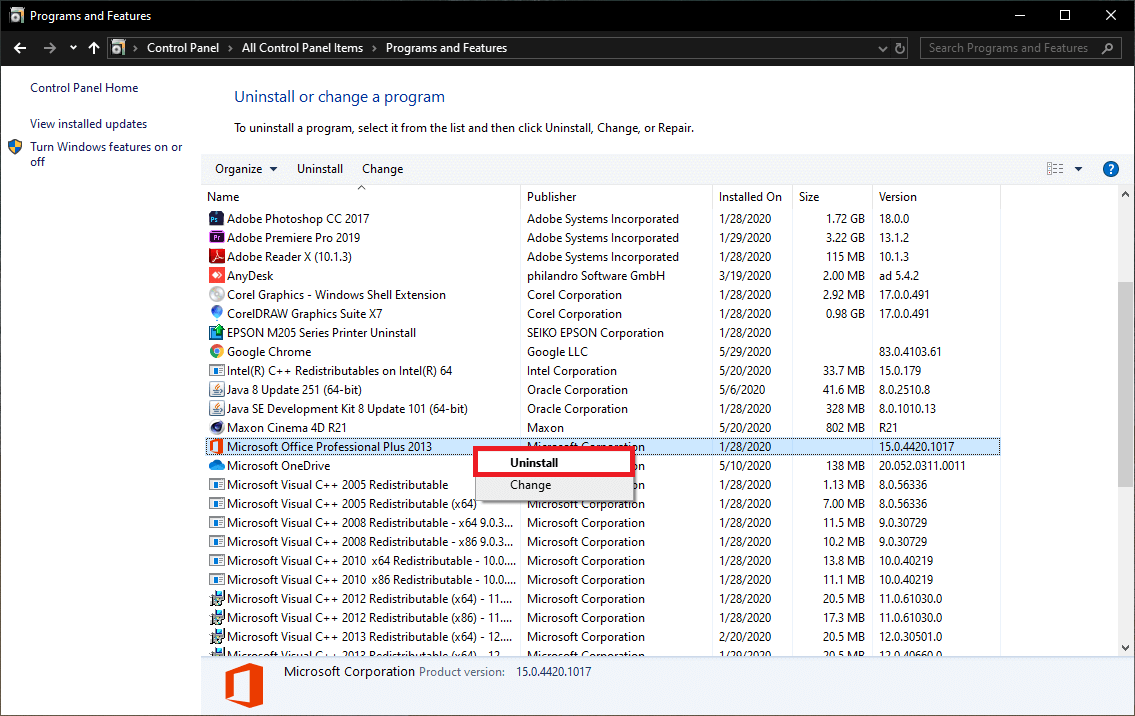 Haga clic derecho en Microsoft Office 2010 o Microsoft Office 2013 y seleccione Desinstalar.