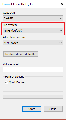 el sistema de archivos debe estar configurado en NTFS