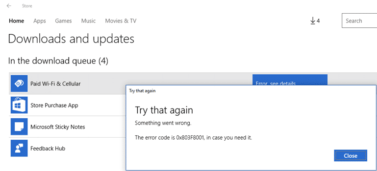 Arreglar el código de error de la tienda de Windows 0x803F8001