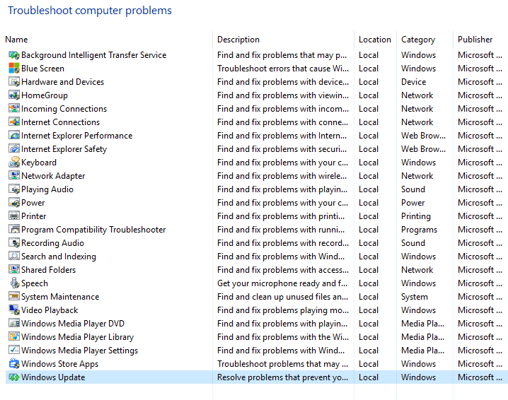 seleccione la actualización de Windows desde solucionar problemas informáticos |  Arreglar la actualización de Windows atascada o congelada