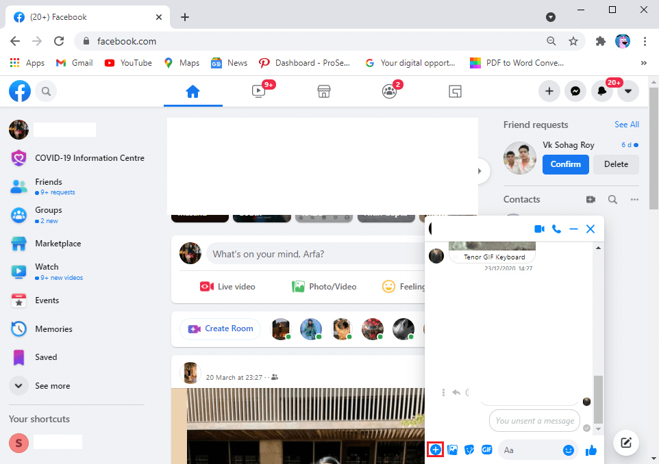 haga clic en el ícono más en la parte inferior izquierda de la ventana de chat |  Cómo enviar música en Facebook Messenger