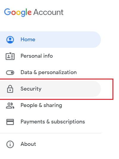Seleccione la opción Seguridad de la página de la cuenta de Google