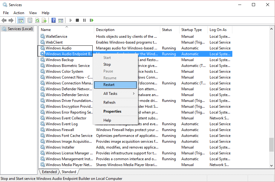 reinicie los servicios de audio de Windows