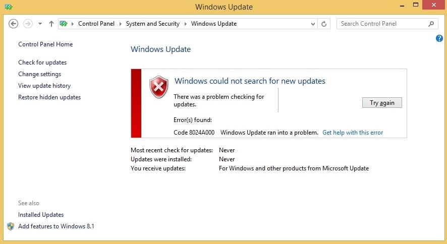 Solucionar el error de actualización de Windows 0x8024a000