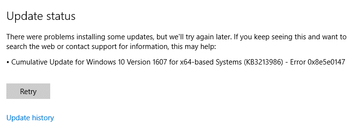 Solucionar el error de actualización de Windows 10 0x8e5e0147