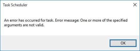 Solucionar el error del Programador de tareas Uno o más de los argumentos especificados no son válidos