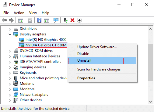 haga clic derecho en la tarjeta gráfica NVIDIA y seleccione desinstalar |  El controlador de pantalla dejó de responder y recuperó el error [SOLUCIONADO]