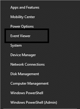 Haga clic derecho en el menú de inicio y luego seleccione Visor de eventos