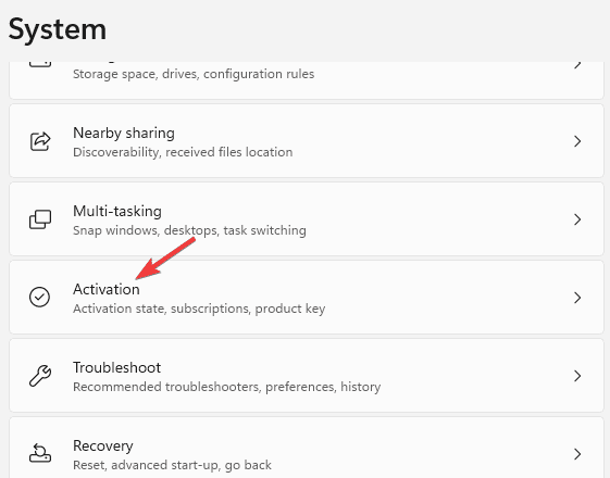 haga clic en Activación en la configuración del sistema