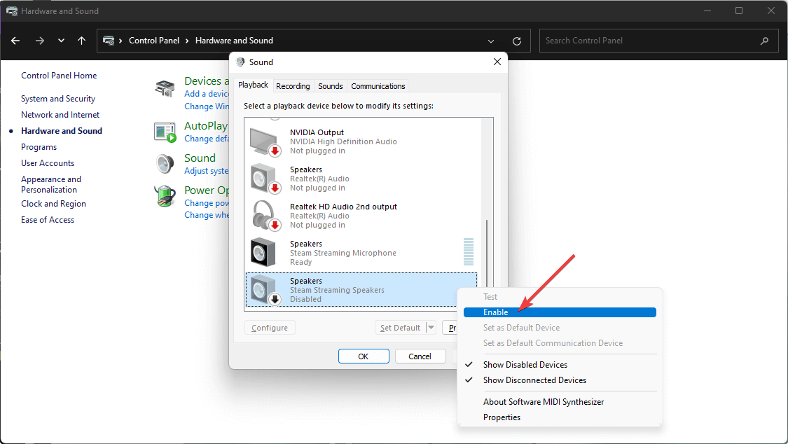 habilitando la transmisión de vapor del panel de control del altavoz