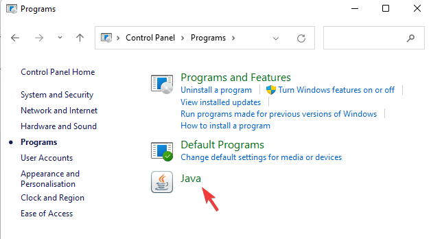 haga clic en Java en los programas para abrir la configuración de Java