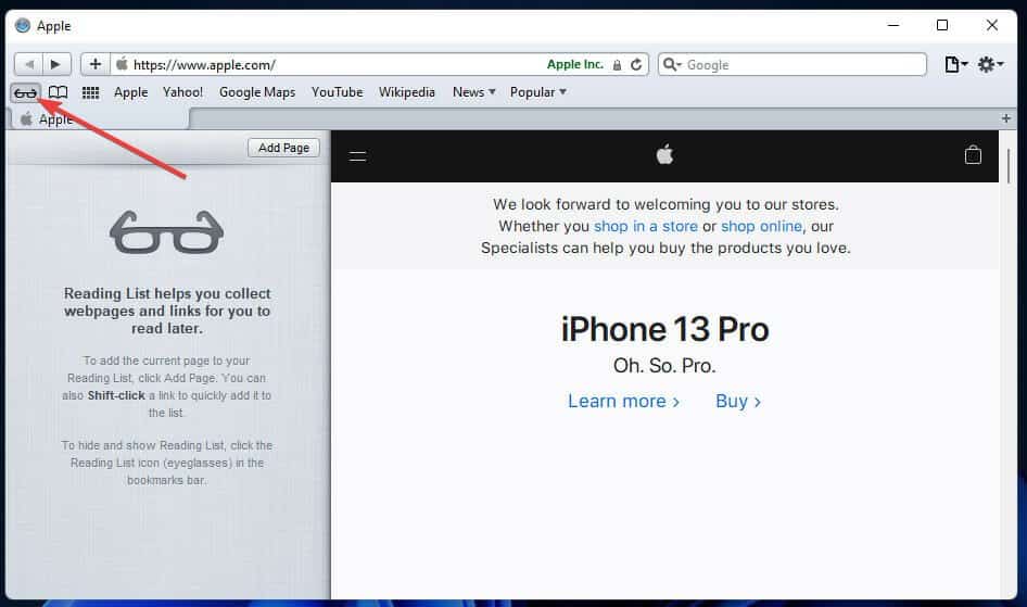 Mostrar botón de lista de lectura descargar safari windows 11