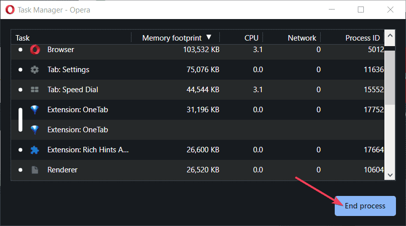 Botón de finalización del proceso uso de RAM del navegador Opera