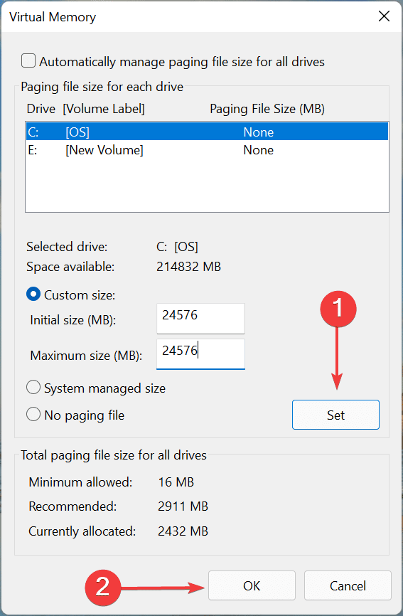 Haga clic en Establecer para aumentar la memoria virtual en Windows 11