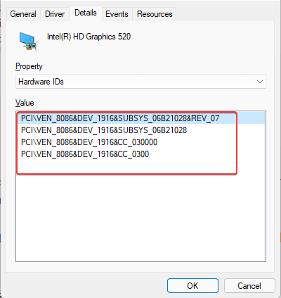 En el campo Valor, verifique la identificación del hardware de la lista