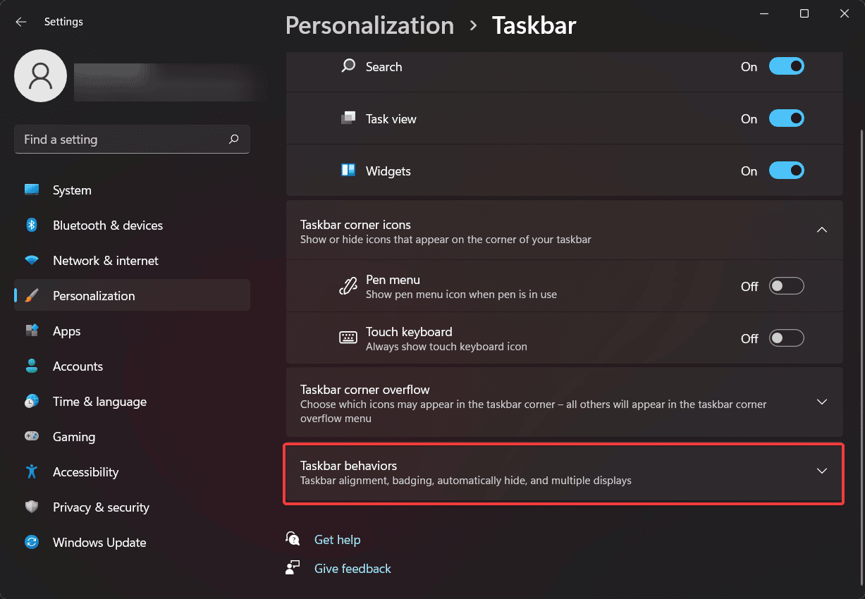 mover el comportamiento de configuración de la barra de tareas