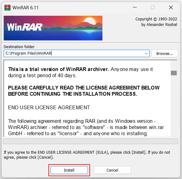 Ventana de instalación de WinRAR