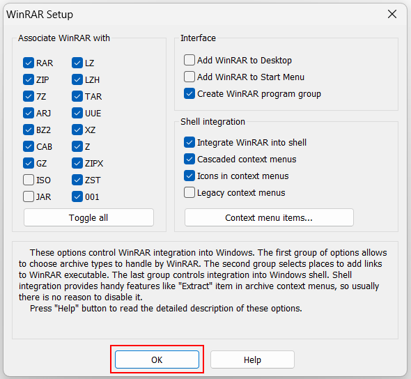 Opciones de instalación de WinRAR