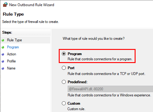 Nueva opción del programa de reglas de salida del Firewall de Windows