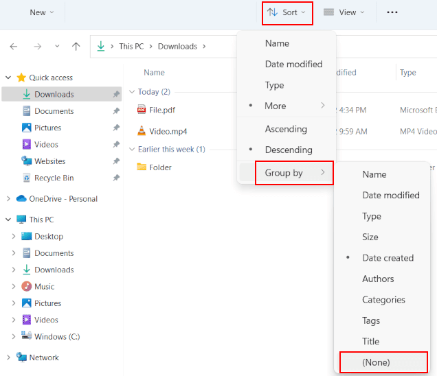 Hacer que el Explorador de archivos deje de agrupar archivos por fecha en Windows 11