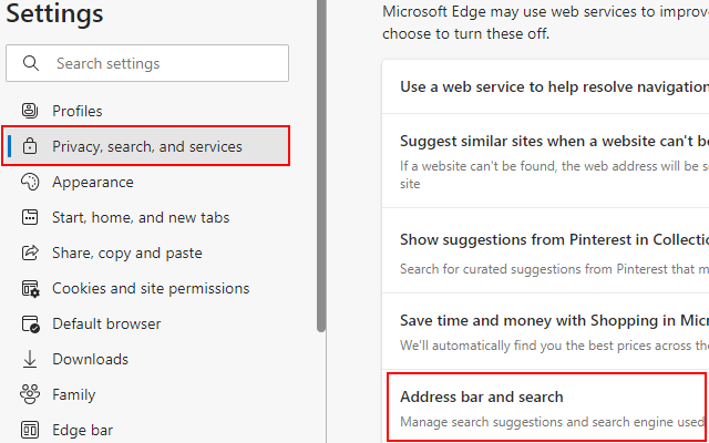 Barra de direcciones y configuración de búsqueda de Microsoft Edge