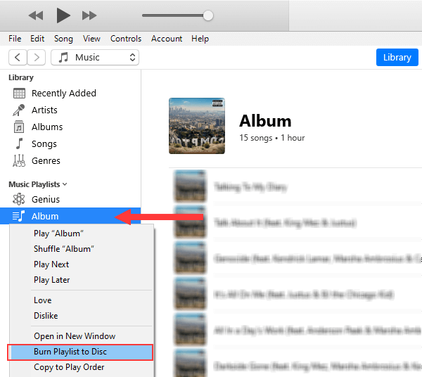 iTunes graba una lista de reproducción en un disco