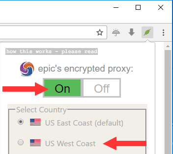 Active el proxy en Epic Privacy Browser y seleccione una ubicación